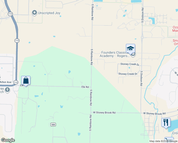 map of restaurants, bars, coffee shops, grocery stores, and more near 1676 South Rainbow Road in Rogers
