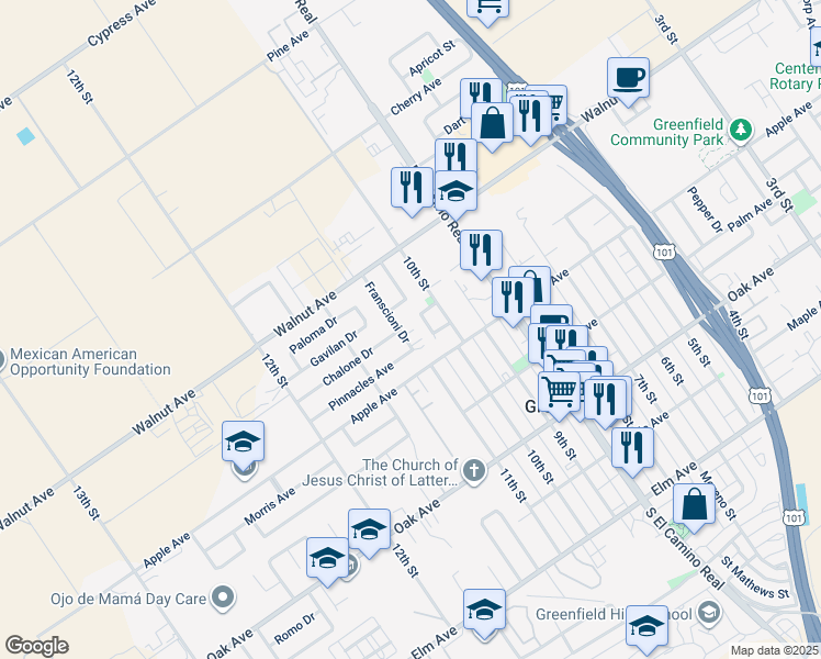map of restaurants, bars, coffee shops, grocery stores, and more near 1067 Pinnacles Avenue in Greenfield