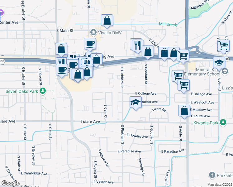 map of restaurants, bars, coffee shops, grocery stores, and more near 912 South Tracy Street in Visalia