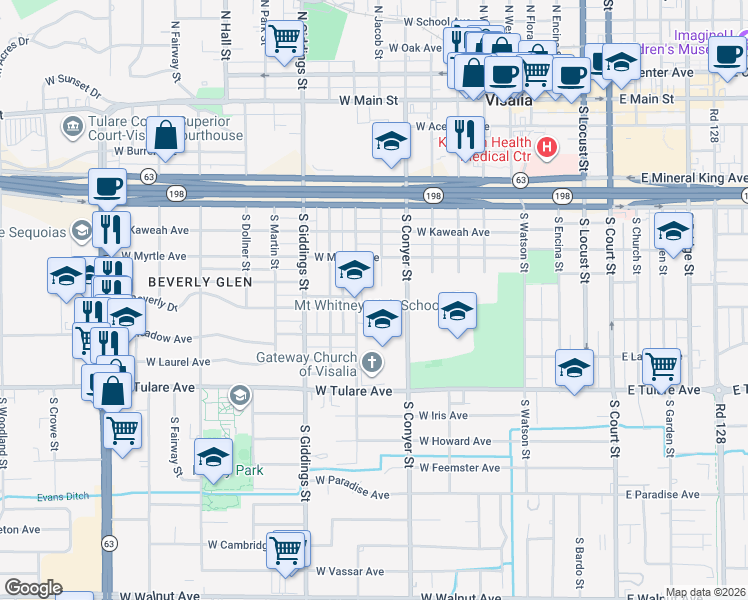 map of restaurants, bars, coffee shops, grocery stores, and more near 814 South Sowell Street in Visalia