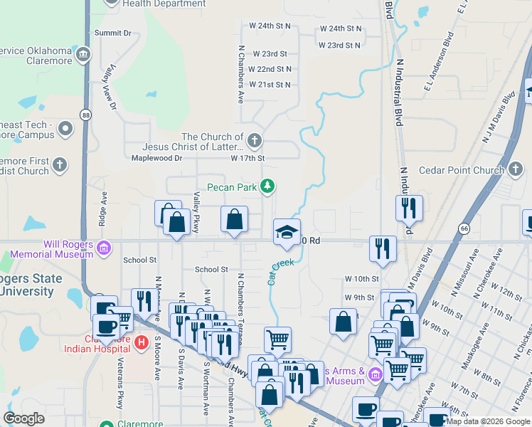 map of restaurants, bars, coffee shops, grocery stores, and more near 1414 North Chambers Avenue in Claremore