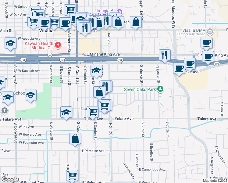 map of restaurants, bars, coffee shops, grocery stores, and more near 520 East Sequoia Avenue in Visalia
