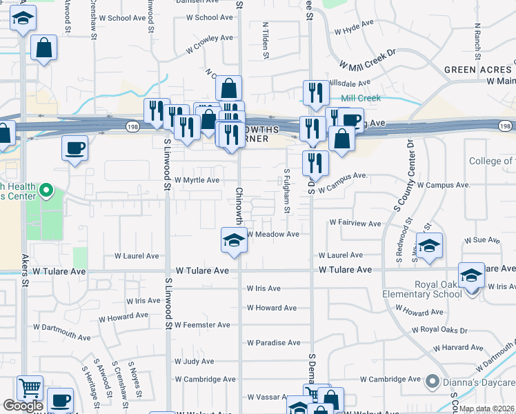 map of restaurants, bars, coffee shops, grocery stores, and more near 4032 West Meadow Avenue in Visalia