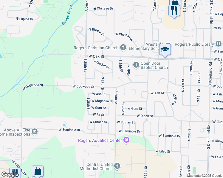 map of restaurants, bars, coffee shops, grocery stores, and more near 1009 South 27th Street in Rogers