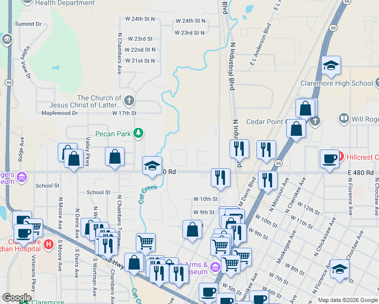 map of restaurants, bars, coffee shops, grocery stores, and more near 900 West Blue Starr Drive in Claremore