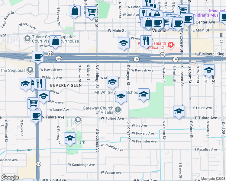 map of restaurants, bars, coffee shops, grocery stores, and more near 814 South Sowell Street in Visalia
