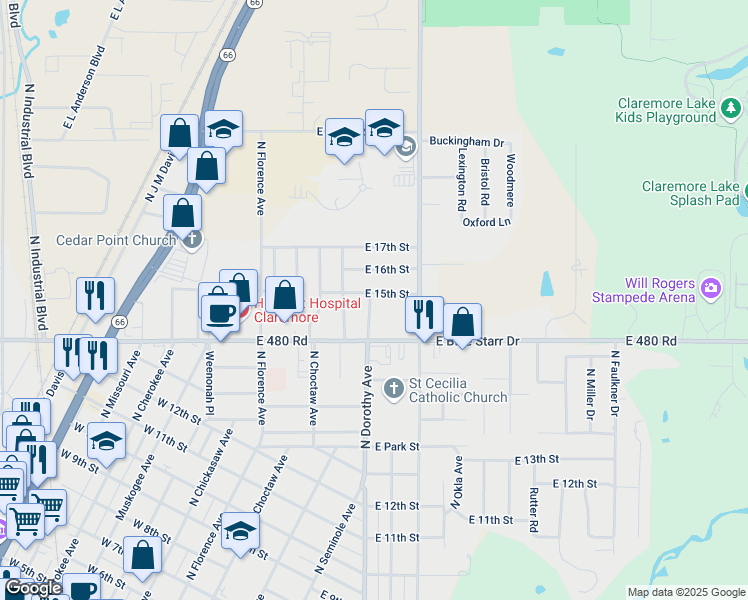 map of restaurants, bars, coffee shops, grocery stores, and more near 305 East 16th Street in Claremore
