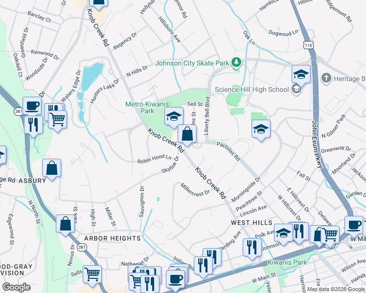 map of restaurants, bars, coffee shops, grocery stores, and more near 1534 Pactolas Road in Johnson City