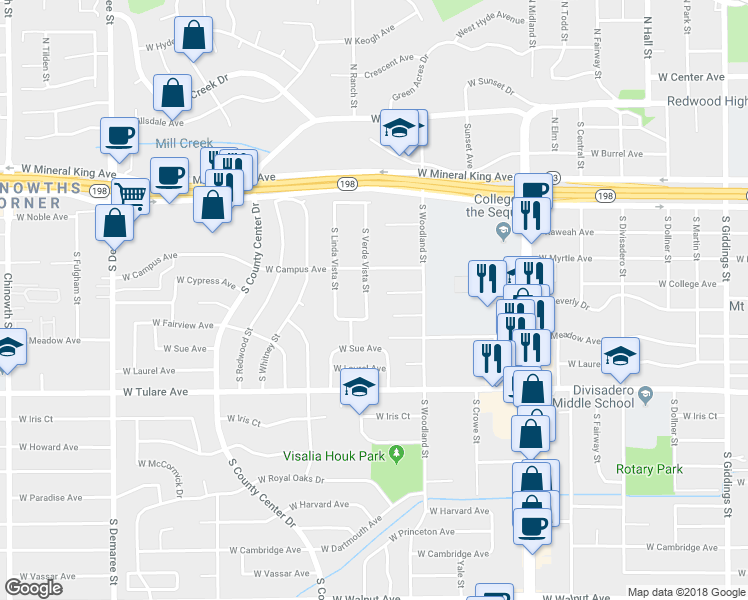 map of restaurants, bars, coffee shops, grocery stores, and more near 804 South Verde Vista Street in Visalia