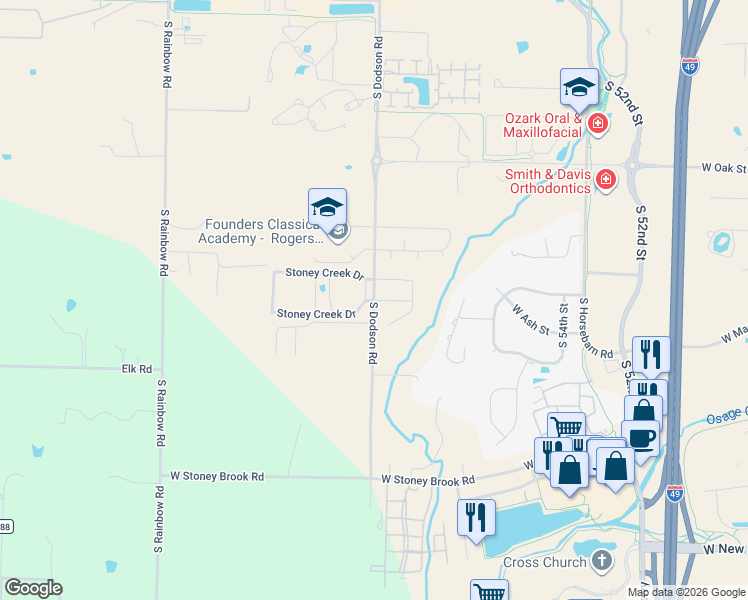 map of restaurants, bars, coffee shops, grocery stores, and more near 1164 South Dodson Road in Rogers