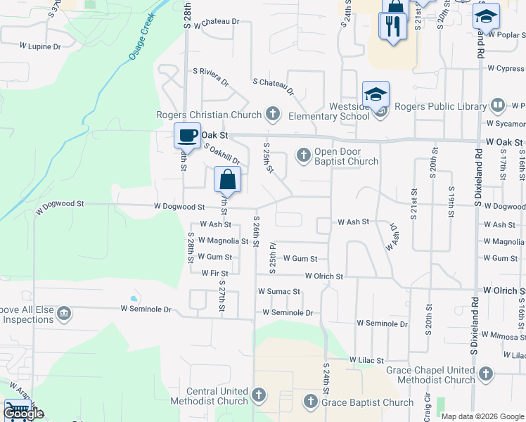 map of restaurants, bars, coffee shops, grocery stores, and more near 916 South 25th Place in Rogers