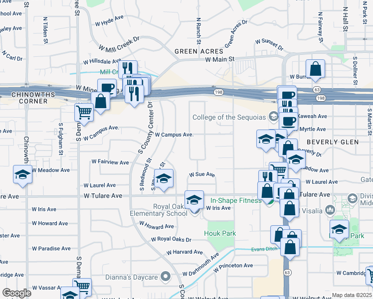 map of restaurants, bars, coffee shops, grocery stores, and more near 805 South Linda Vista Street in Visalia