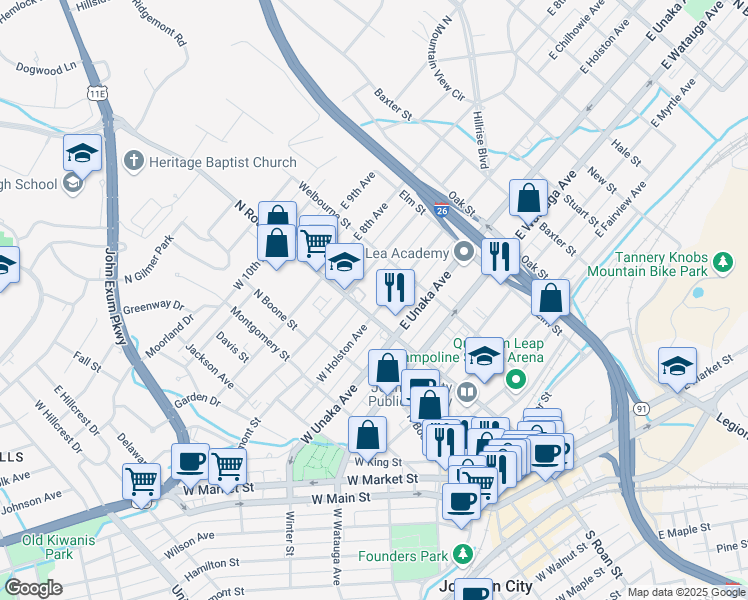 map of restaurants, bars, coffee shops, grocery stores, and more near 107 E Holston Ave in Johnson City
