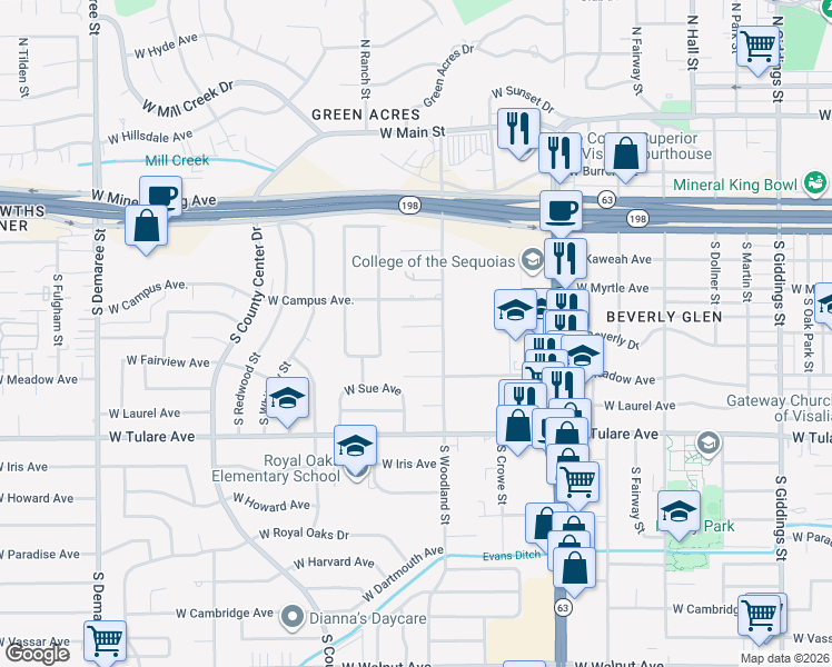 map of restaurants, bars, coffee shops, grocery stores, and more near 2403 West Campus Avenue in Visalia