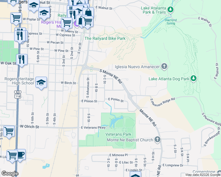 map of restaurants, bars, coffee shops, grocery stores, and more near 919 South C Street in Rogers