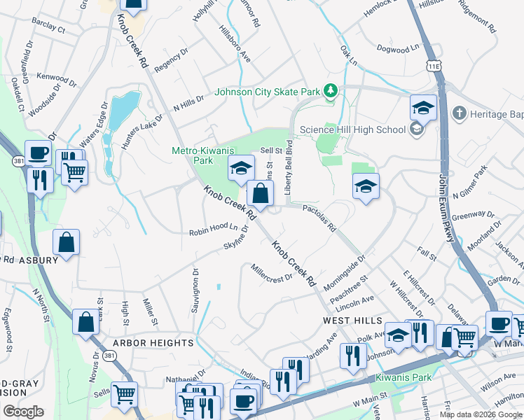 map of restaurants, bars, coffee shops, grocery stores, and more near 815 Mullins Street in Johnson City