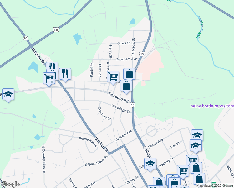 map of restaurants, bars, coffee shops, grocery stores, and more near 120 Roxboro Road in Oxford