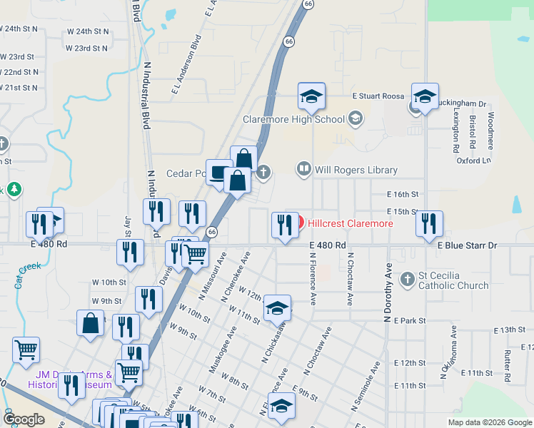 map of restaurants, bars, coffee shops, grocery stores, and more near 1604 North Lynn Riggs Boulevard in Claremore