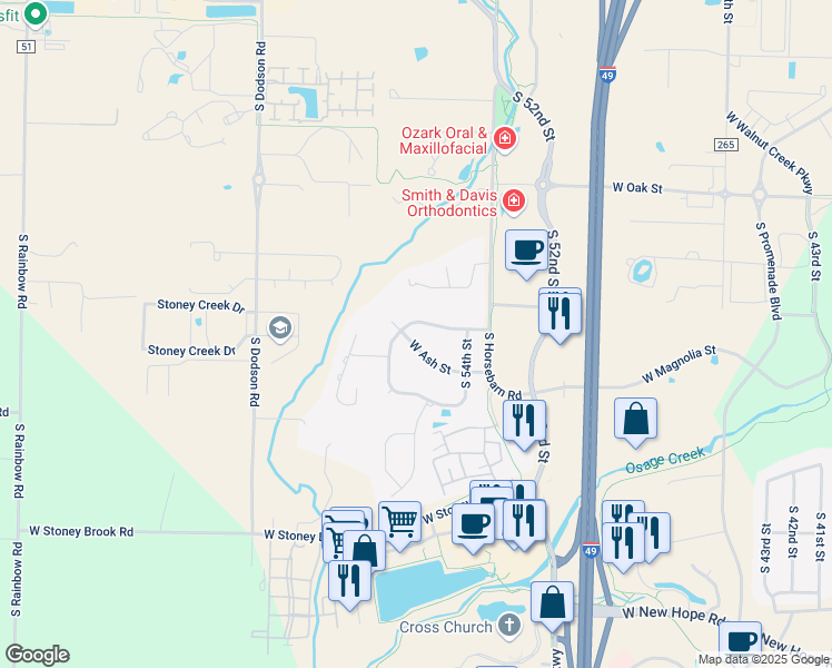 map of restaurants, bars, coffee shops, grocery stores, and more near 5405 W Dogwood St in Rogers