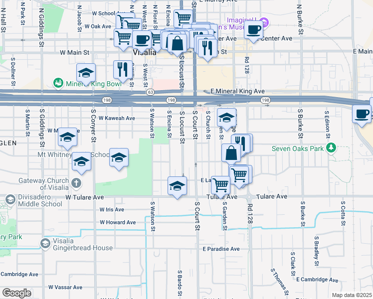 map of restaurants, bars, coffee shops, grocery stores, and more near in Visalia