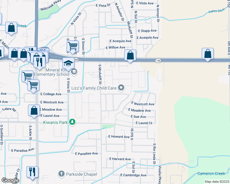 map of restaurants, bars, coffee shops, grocery stores, and more near 3818 East College Avenue in Visalia