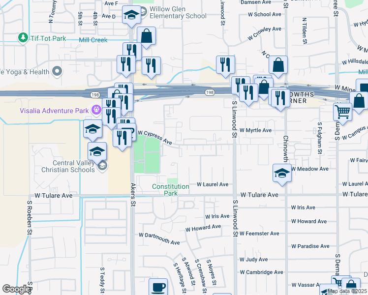 map of restaurants, bars, coffee shops, grocery stores, and more near 4843 West Cypress Avenue in Visalia