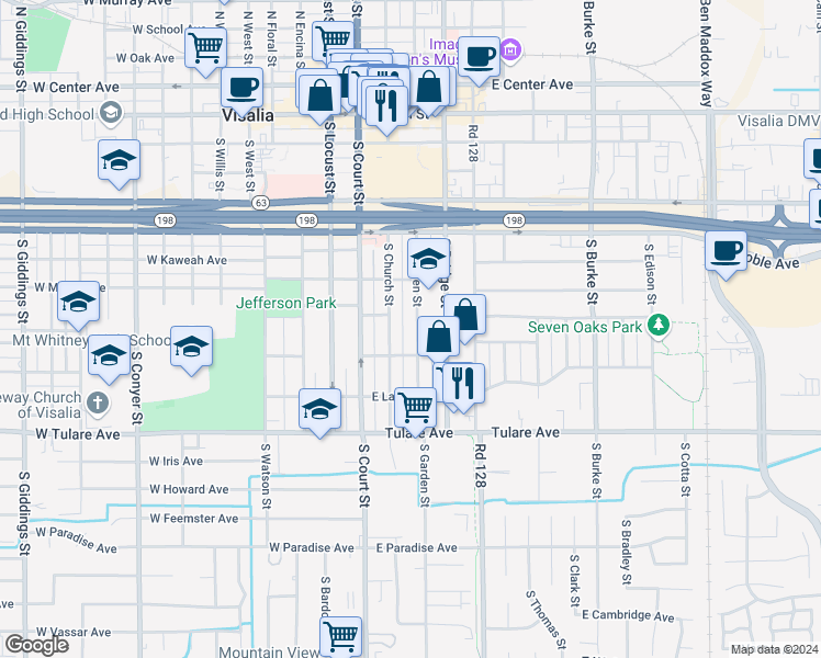 map of restaurants, bars, coffee shops, grocery stores, and more near 527 South Garden Street in Visalia