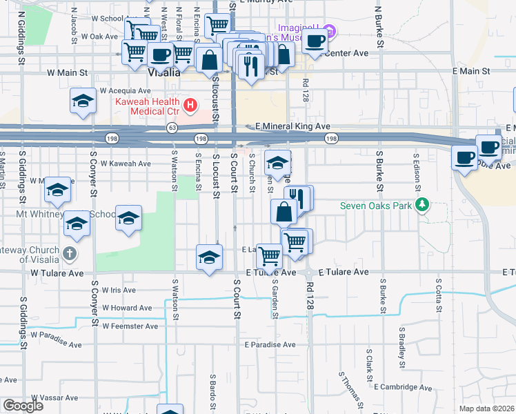 map of restaurants, bars, coffee shops, grocery stores, and more near 527 South Garden Street in Visalia