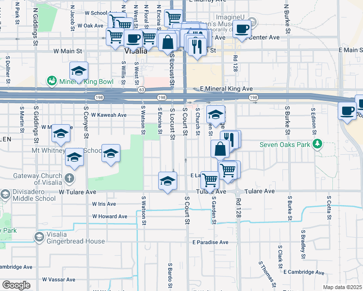 map of restaurants, bars, coffee shops, grocery stores, and more near in Visalia