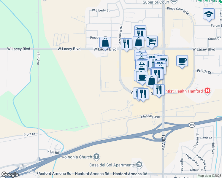 map of restaurants, bars, coffee shops, grocery stores, and more near Centennial Drive in Hanford