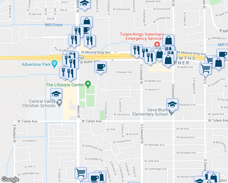 map of restaurants, bars, coffee shops, grocery stores, and more near 4833 West Cypress Avenue in Visalia