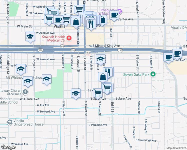 map of restaurants, bars, coffee shops, grocery stores, and more near 612 South Church Street in Visalia