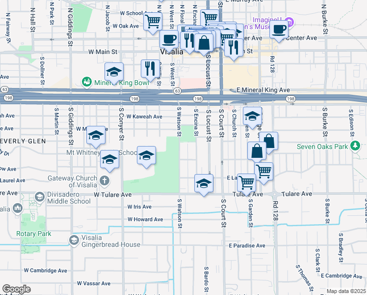 map of restaurants, bars, coffee shops, grocery stores, and more near 706 South Watson Street in Visalia