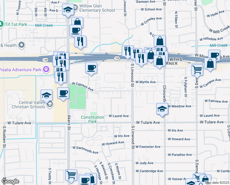 map of restaurants, bars, coffee shops, grocery stores, and more near 4640 West Cypress Avenue in Visalia
