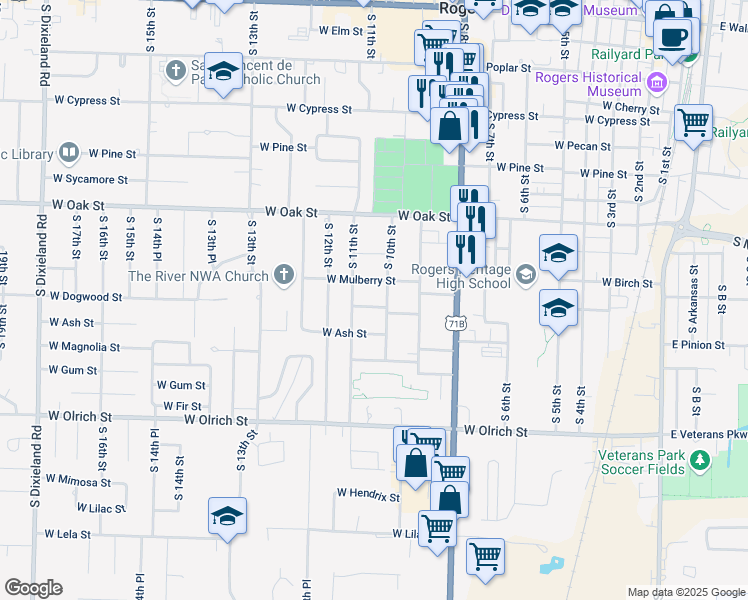 map of restaurants, bars, coffee shops, grocery stores, and more near 1012 West Mulberry Street in Rogers