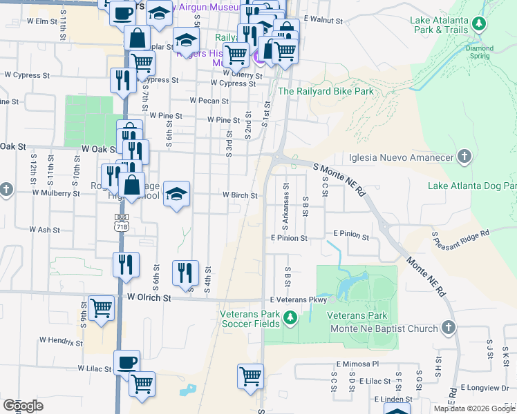 map of restaurants, bars, coffee shops, grocery stores, and more near 1004 South 1st Street in Rogers