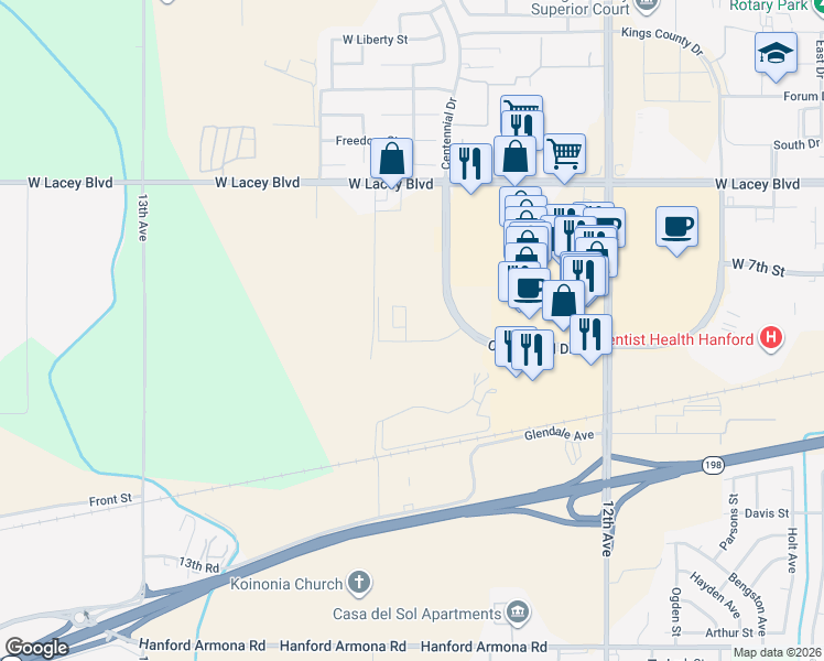 map of restaurants, bars, coffee shops, grocery stores, and more near Centennial Drive in Hanford