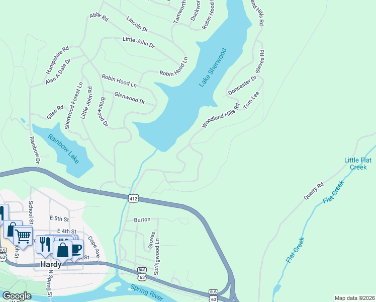 map of restaurants, bars, coffee shops, grocery stores, and more near 335 Woodland Hills Road in Hardy