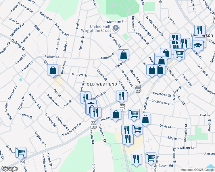 map of restaurants, bars, coffee shops, grocery stores, and more near 1000 South Chestnut Street in Henderson