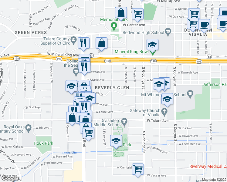 map of restaurants, bars, coffee shops, grocery stores, and more near 1513 West Beverly Drive in Visalia