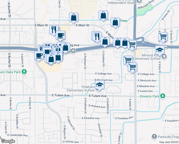 map of restaurants, bars, coffee shops, grocery stores, and more near 740 South Pinkham Street in Visalia