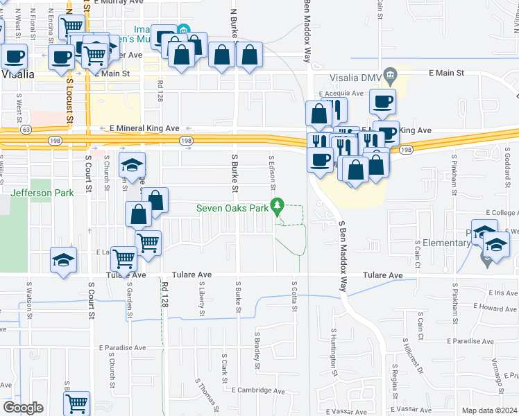 map of restaurants, bars, coffee shops, grocery stores, and more near 804 South Bradley Court in Visalia