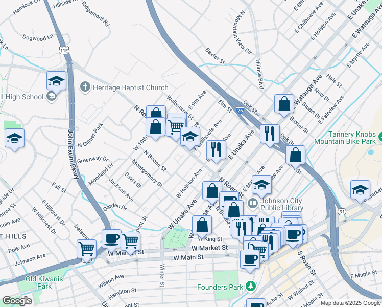 map of restaurants, bars, coffee shops, grocery stores, and more near 1000 North Roan Street in Johnson City