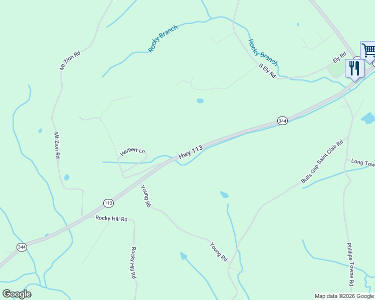 map of restaurants, bars, coffee shops, grocery stores, and more near 1572 Tennessee 113 in Bulls Gap