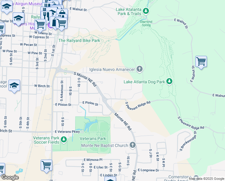map of restaurants, bars, coffee shops, grocery stores, and more near 1016 South E Street in Rogers