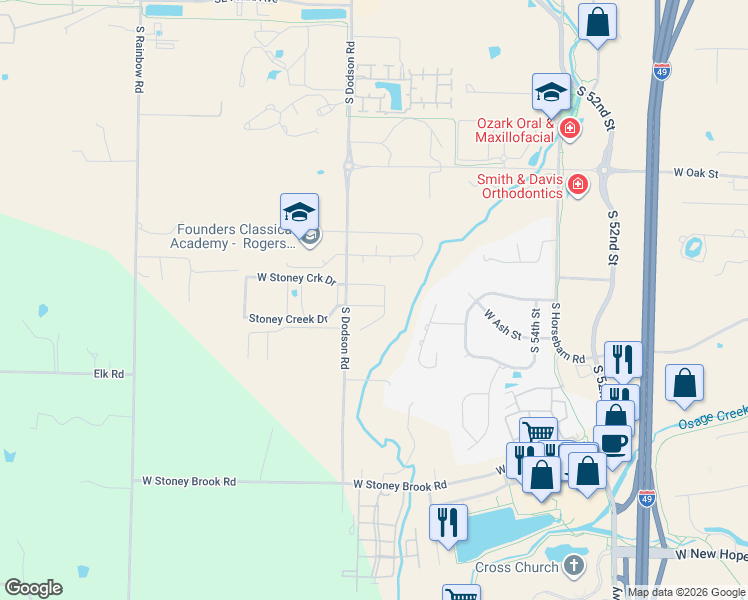 map of restaurants, bars, coffee shops, grocery stores, and more near 5708 Stoney Creek Drive in Rogers