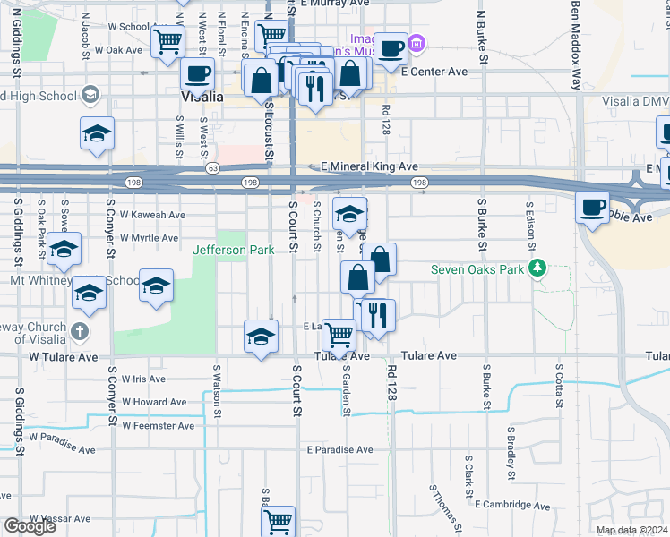 map of restaurants, bars, coffee shops, grocery stores, and more near 527 South Garden Street in Visalia