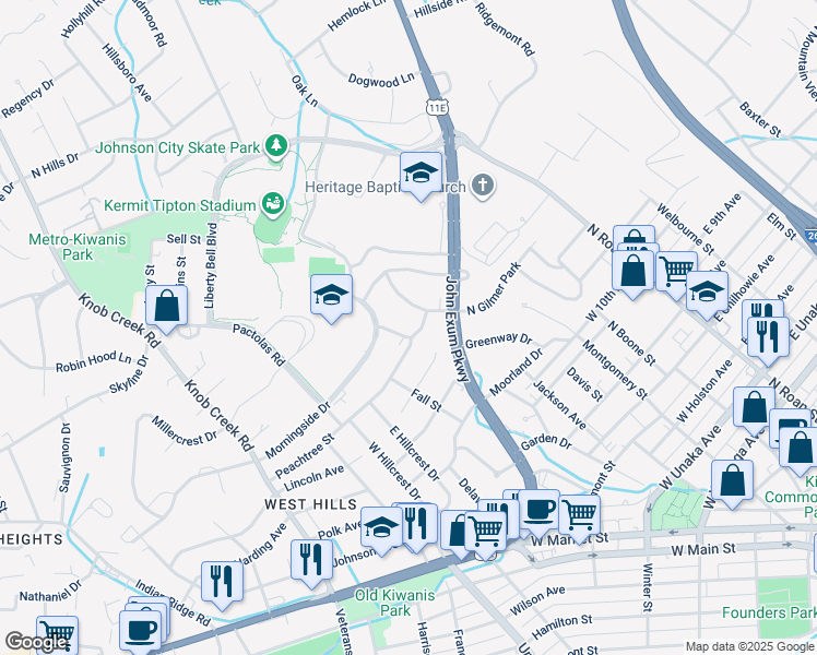 map of restaurants, bars, coffee shops, grocery stores, and more near 505 North Gilmer Park in Johnson City