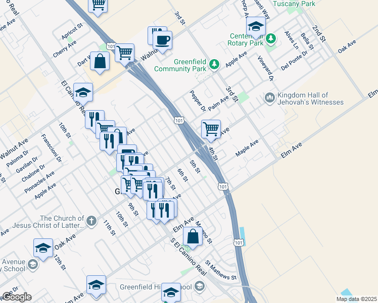 map of restaurants, bars, coffee shops, grocery stores, and more near 214 5th Street in Greenfield