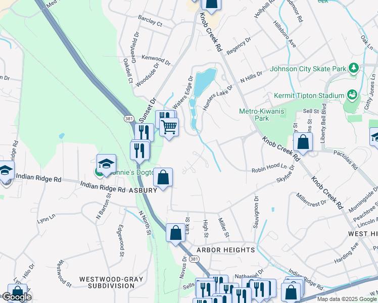 map of restaurants, bars, coffee shops, grocery stores, and more near 3 N Crossbow Ln in Johnson City